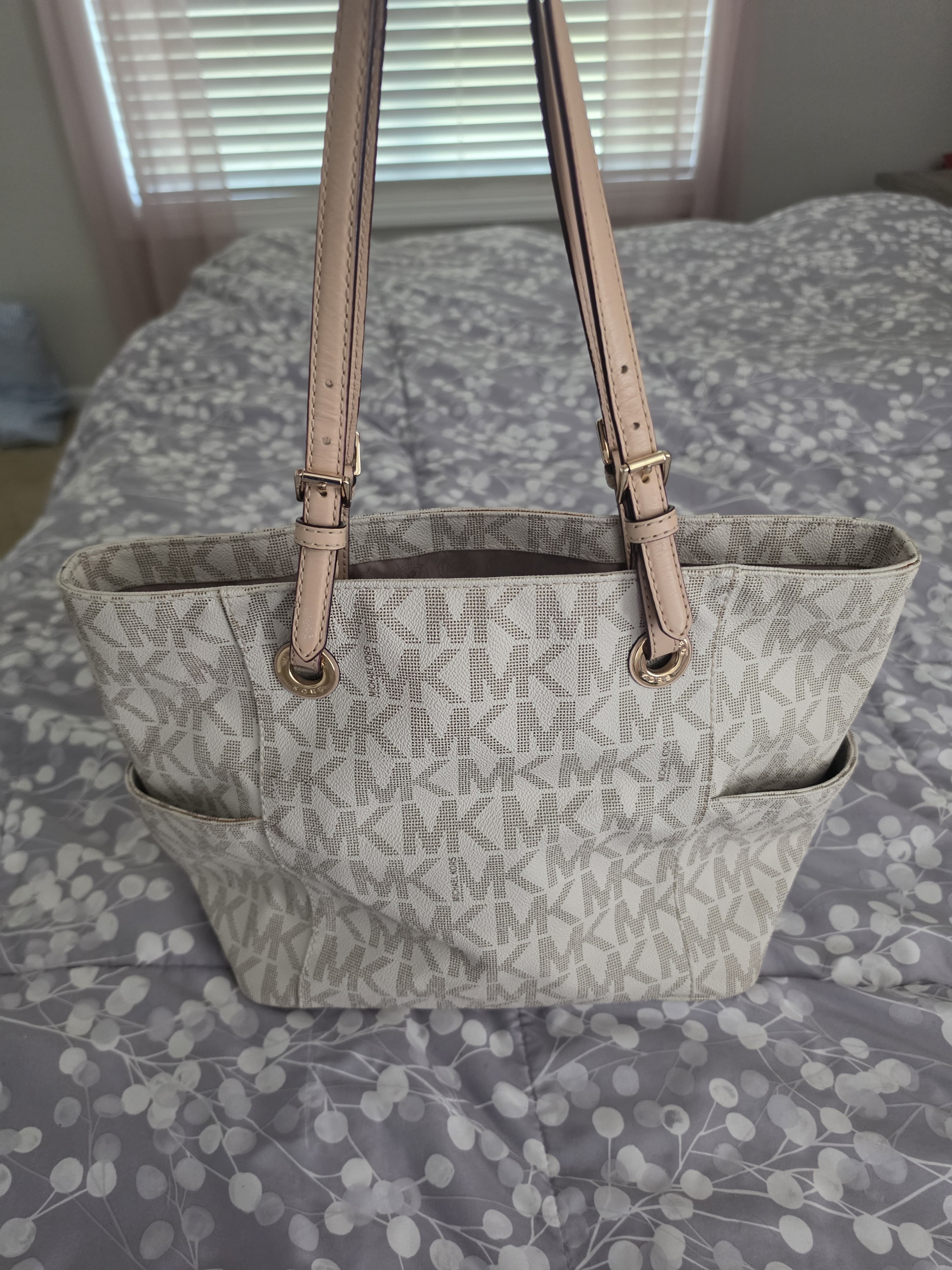 Michael Kors Cream Mk Logo Tote With Pink Leather Straps